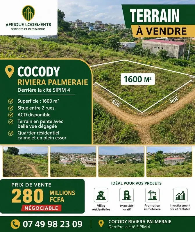 Terrain 1600 m² avec ACD — Cocody Riviera Palmeraie